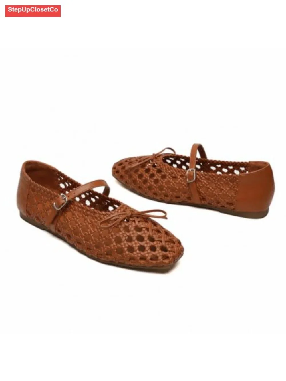 Woven Mary Jane Shoes for Women Mesh Ballet Flats with Buckle Strap